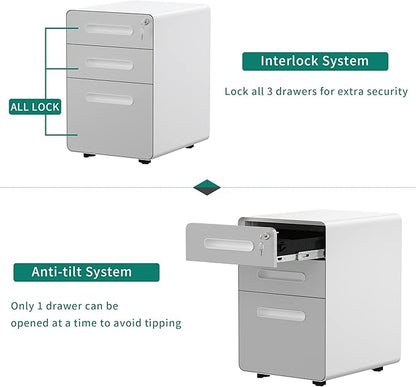 YITAHOME 3-Drawer Metal Mobile File Cabinet, Rolling Filing Cabinet with Lock, Filing Cabinet Under Desk fits Legal/A4 Size for Home/Office, Fully Assembled,White and Grey