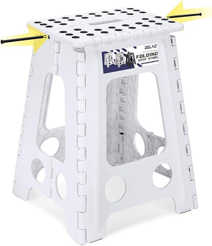 Delxo 17.5 Inch Folding Step Stool, Heavy Duty Foldable Stool for Adults,Premium Portable Collapsible Plastic Step Stool,Non Slip Folding Stools for Kitchen Bathroom Bedroom Up to 400LBS,(White 1PC)