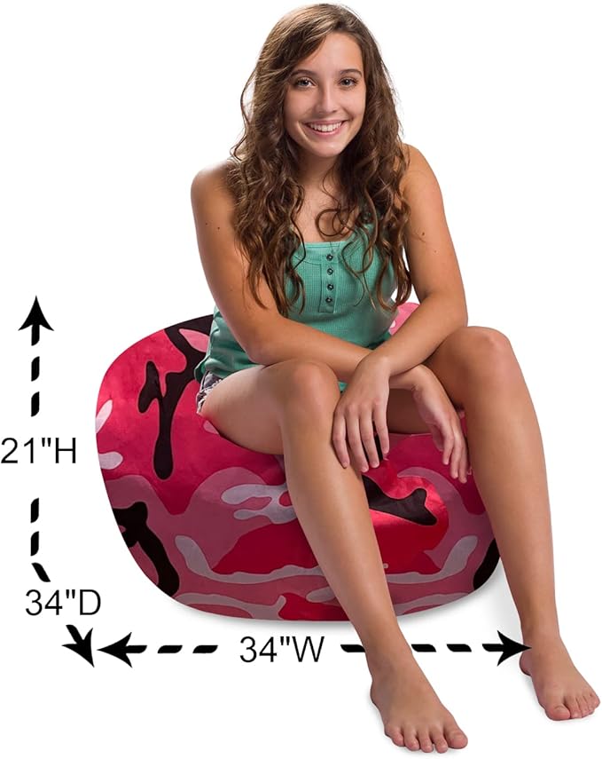 Posh Creations Structured Comfy Bean Bag Chair for Gaming, Reading and Watching TV, 100in Round Classic Chair, Nylon - Camo Pink and Black