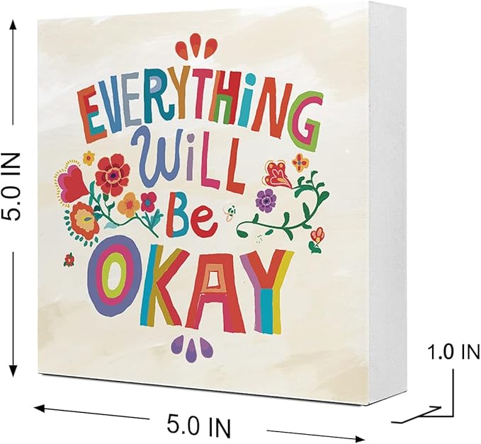 Ruvoty Everything Will Be Okay Colorful Word Art Wooden Sign Desk Decor,Inspirational Wood Block Sign Desk Decorations for Home Bedroom Dorm Office Desk Shelf Table Decor