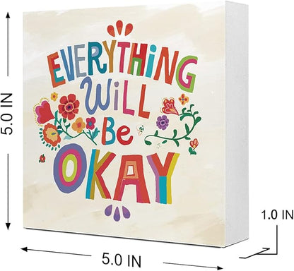 Ruvoty Everything Will Be Okay Colorful Word Art Wooden Sign Desk Decor,Inspirational Wood Block Sign Desk Decorations for Home Bedroom Dorm Office Desk Shelf Table Decor