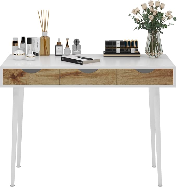 SogesHome 43.3 Computer Desk, Home Office Work Table with 3-Drawers, Gaming Working Writing Table, White&Teak