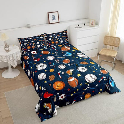 Feelyou Sports Theme Comforter Set 3D Blue Ball Bedding Set Baseball Football Basketball Comforter for Children Kids Boys Girls Microfiber Competitive Games Duvet Set Room Decor Quilt Set Full Size