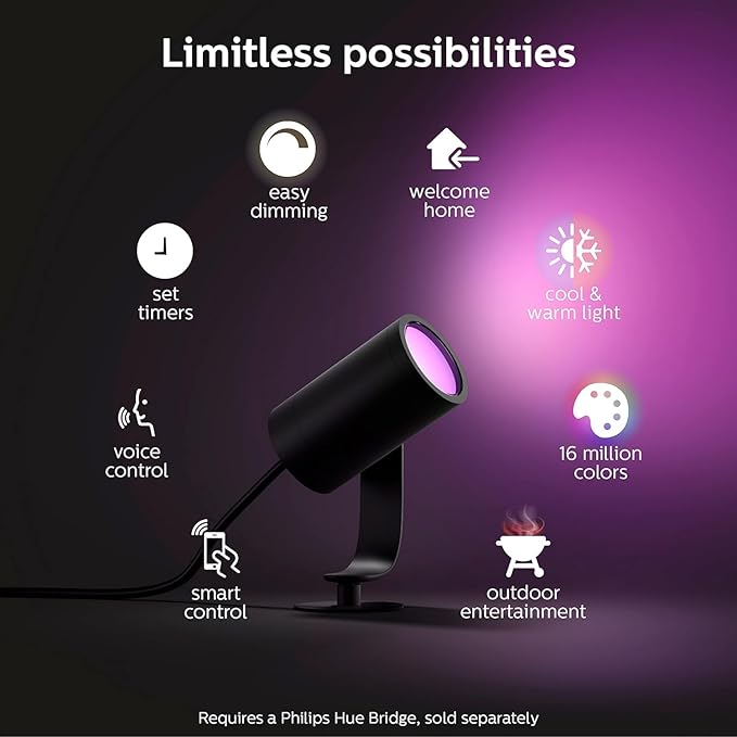 Philips Hue Lily Outdoor Smart Spot Light - White & Color Ambiance LED Walkway Lights - Low Voltage Lighting - 1 Pack - Requires Bridge and Power Supply - Control with App and Voice - Weatherproof