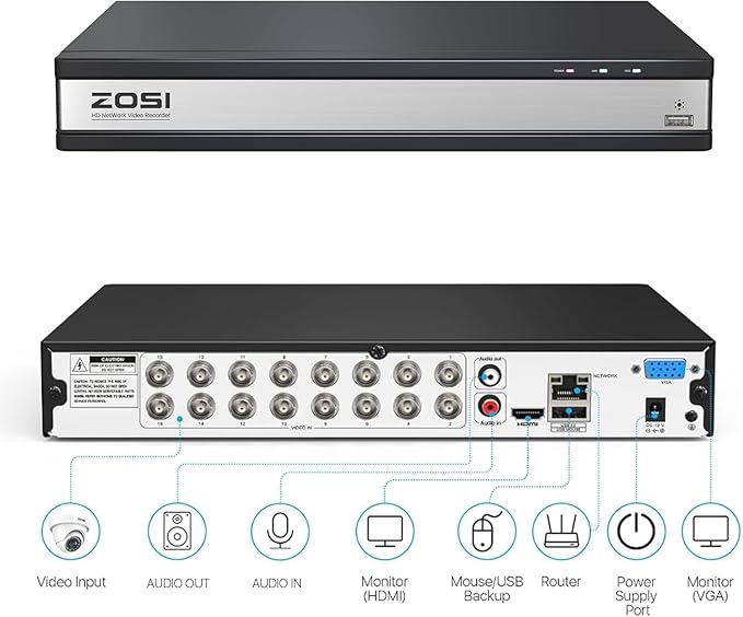 ZOSI H.265+ 16Channel 1080P 4-in-1 Hybrid Analog/AHD/TVI/CVI Security DVR Recorder for 960H/720P/1080P CCTV Security Surveillance Cameras,Remote Access, Motion Detection, Alert Push(No Hard Drive)
