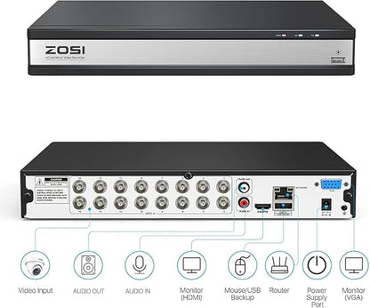 ZOSI H.265+ 16Channel 1080P 4-in-1 Hybrid Analog/AHD/TVI/CVI Security DVR Recorder for 960H/720P/1080P CCTV Security Surveillance Cameras,Remote Access, Motion Detection, Alert Push(No Hard Drive)