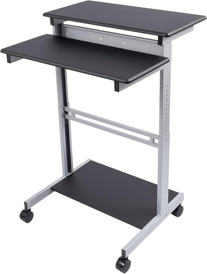 S STAND UP DESK STORE Rolling Adjustable Height Two Tier Standing Desk Computer Workstation (Silver Frame/Black Top, 32 Wide)