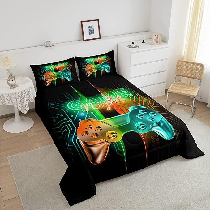 Feelyou Gamer Comforter Kids Gaming Video Game Comforter Set for Boys Teens Noverlty Modern Gamepad Bedding Set Breathable Gamer Console Bedding Duvet Set Bright Orange Green Room Decor King Size