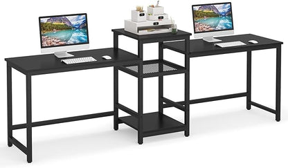 Tribesigns 96.9" Double Computer Desk with Printer Shelf, Extra Long Two Person Desk Workstation with Storage Shelves, Large Office Desk Study Writing Table for Home Office (Black)