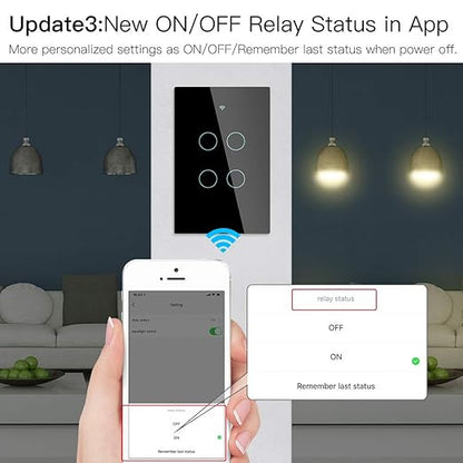MOES 2.4GHz WiFi Wall Touch Smart Switch Neutral Wire Required, 3 Way Multi-Control, Glass Panel Light Switch Work with Smart Life/Tuya App, RF433 Remote Control, Alexa and Google Home Black 2 Gang