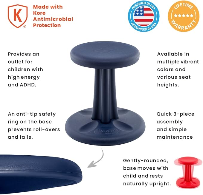 Kore Kids Wobble Chair - Flexible Seating Stool for Classroom & Elementary School, ADD/ADHD - Made in The USA - Age 6-7, Grade 1-2, Dark Blue (14in)