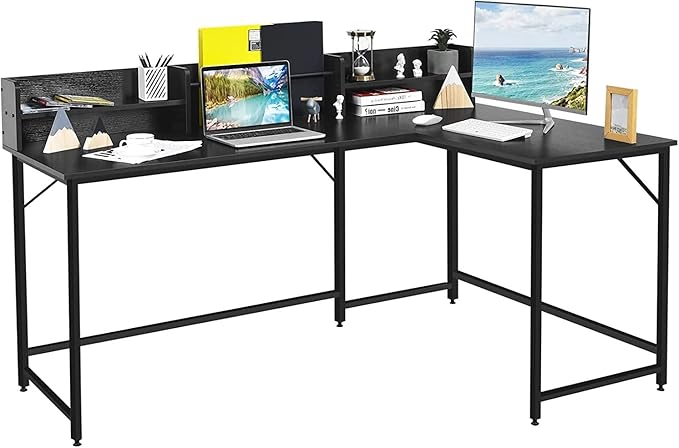 LUARANE 65.5 Inches L-Shaped Desk, Industrial Computer Desk with Hutch File Rack, Space Saving Corner Desk with Metal Frame, Computer Workstation for Home Office (Black)