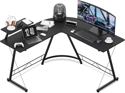 MoNiBloom L Shaped Gaming Desk Computer Corner Table with Metal Frame, L Desk Workstation for Home Office, Space-Saving, Black