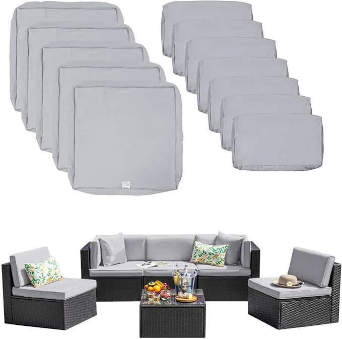 ClawsCover 12 Pack Outdoor Seat and Back Cushions Replacement Covers Fit for 6Pieces 5-Seater Wicker Rattan Patio Furniture Conversation Set Sectional Couch Chairs,Grey-Include Cover Only