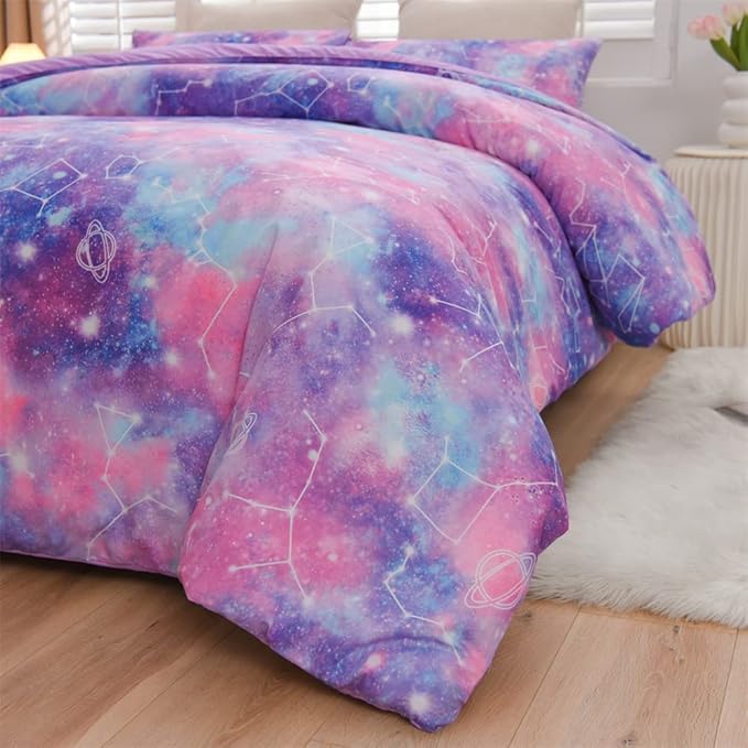 Holawakaka Tie Dye Constellation Print Ombre Comforter Set Queen Size Girls Boys Gradient Galaxy Bedding Sets(Purple, Queen)