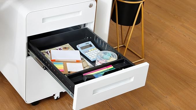 3 Drawer Mobile Desk Office with Lock and Wheels,Versatile Storage Cabinets w/Anti-Tilting Cold Rolled Steel Waterproof Moisture-Proof,for Legal/Letter/A4 Files,White