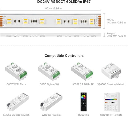 BTF-LIGHTING RGBCCT 5 Colors in 1 LED 5050SMD RGBWW RGB+Dimmable Tunable Color Temperature 2700K-6500K 16.4ft 60LEDs/m 300LEDs DC24V Multi-Colored Tape Lights IP67 White PCB(No Adapter or Controller)