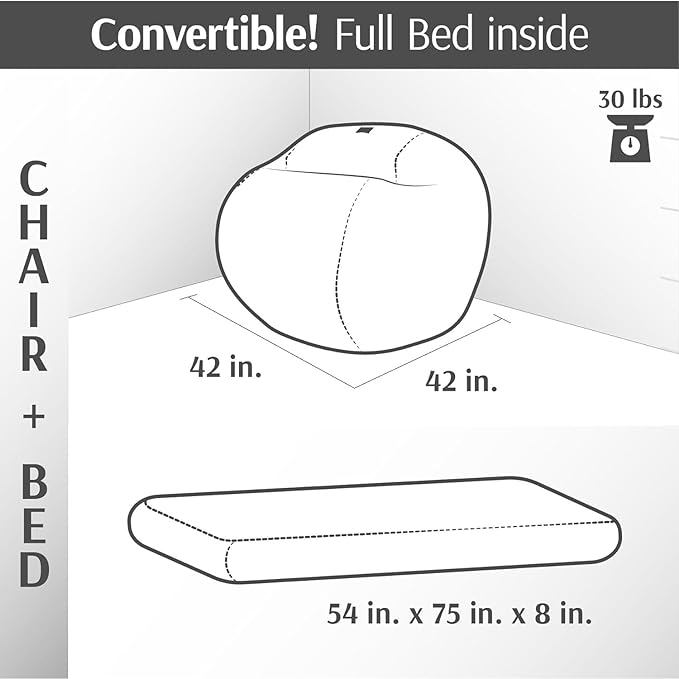 CordaRoy's Chenille Bean Bag Chair, Convertible Chair Folds from Bean Bag to Lounger, As Seen on Shark Tank, Navy - Full Size