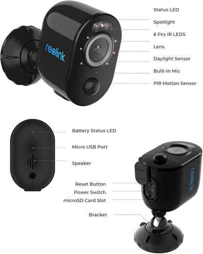 REOLINK 5MP Solar Security Cameras Outdoor Wireless, Spotlight Color Night Vision, 2.4G/5Ghz WiFi Home Surveillance, Solar/Battery Powered, Human/Car Detection, Local Recording, Argus 3 Pro Kit Black