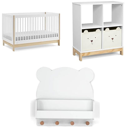 Delta Children babyGap Tate 4-in-1 Convertible Crib + Brannan Bear Bookcase with Bins + Brannan Bear Wall Shelf with 4 Hooks, Bianca White/Natural (Bundle)