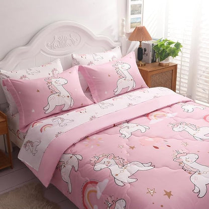 Wajade Kids Pink Unicorn Comforter Set Bed in A Bag Twin Size 7 Piece Cute Unicorn Rainbow Clouds Bedding Set for Girls (1 Comforter, 1 Flat Sheet, 1 Fitted Sheet, 2 Pillowcase and 2 Pillow Sham)