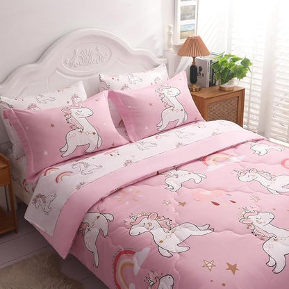 Wajade Kids Pink Unicorn Comforter Set Bed in A Bag Full Size 7 Piece Cute Unicorn Rainbow Clouds Bedding Set for Girls (1 Comforter, 1 Flat Sheet, 1 Fitted Sheet, 2 Pillowcase and 2 Pillow Sham)