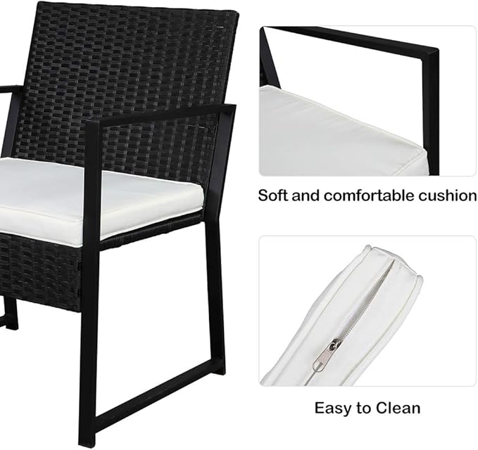 Outvita 3PCS Rattan Conversation Set, Outdoor Wicker Furniture Bistro Set 2 Chairs and Glass Top Table for Small Balcony Backyard Patio(Black)