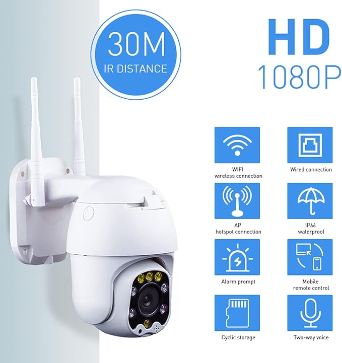 Outdoor PTZ WiFi IP Security Camera 1080P Home Surveillance Camera Pan/Tilt Two-Way Audio Motion Detection Color Night Vision Auto Tracking CamHiPro APP AT-200DW