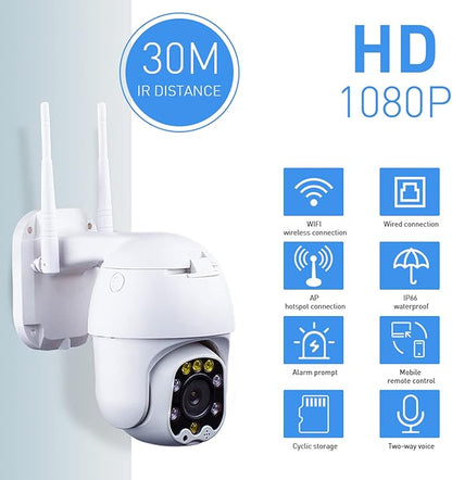 Outdoor PTZ WiFi IP Security Camera 1080P Home Surveillance Camera Pan/Tilt Two-Way Audio Motion Detection Color Night Vision Auto Tracking CamHiPro APP AT-200DW