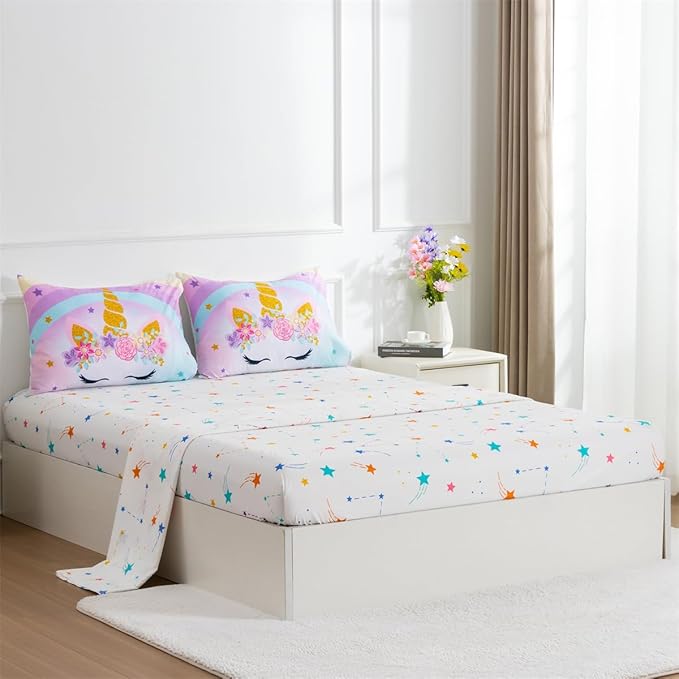 NTBED Unicorn Full Comforter Set with Sheets,5 Pieces Kids Bedding Sets for Girls, Lightweight Microfiber Star Rainbow Bed in a Bag,Blue Purple