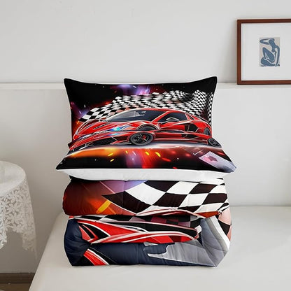 Feelyou Speed Sports Car Comforter Set King Size Extreme Sports Bedding Set for Kids Boys Girls Decor Red Comforter Microfiber Checkerboard Quilt Set Bedroom Bedclothes…
