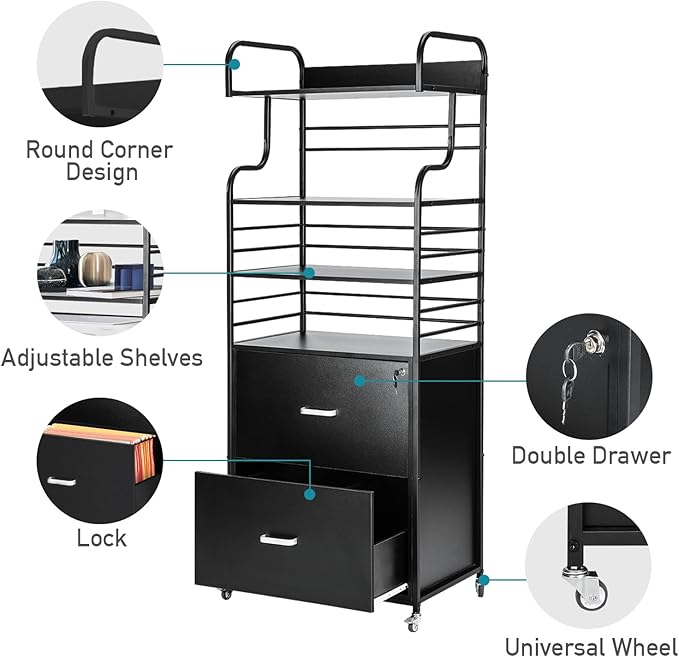 Vertical File Cabinet, 2 Drawer Mobile Filing Cabinet with 3 Bookshelf, Printer Stand with Open Storage Shelves Fits A4/Letter/Legal Size File Cabinets for Home Office Organizer, Black