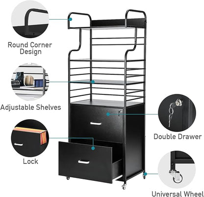 Vertical File Cabinet, 2 Drawer Mobile Filing Cabinet with 3 Bookshelf, Printer Stand with Open Storage Shelves Fits A4/Letter/Legal Size File Cabinets for Home Office Organizer, Black