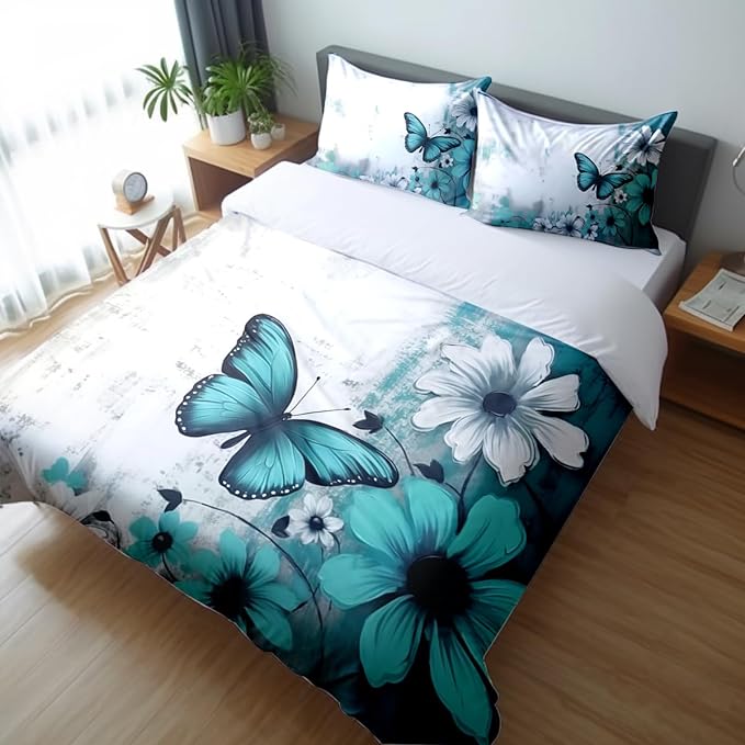 Butterfly Flowers Comforter Sets Twin Size, Vintage Floral Butterfly Kids Bedding Sets for girls Teens 3 Piece Bedroom Decor