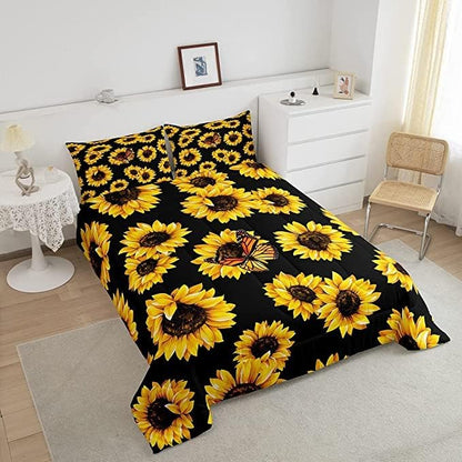 Feelyou Sunflower Bedding Set Girls Yellow Floral Butterfly Comforter Chic Flowers Comforter Set for Kids Teens Botanical Nature Duvet Set Soft Room Decor King Size Boys