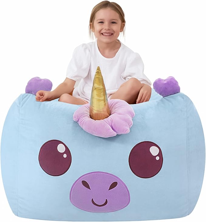 Aubliss Unicorn Stuffed Animal Storage Bean Bag Chair for Kids, Velvet Extra Soft Beanbag Chairs Cover, X-Large Stuffable Zipper Bean Bag for Organizing Plush Toys Girls Bedroom Decor, Blue