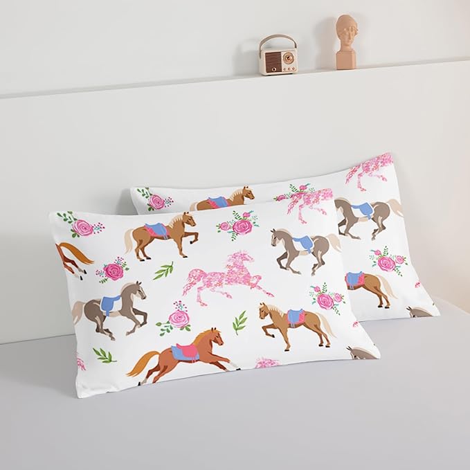 HOSIMA Kawaii Pink Rose Horse King Size Comforter Set,Cute Animal Horse Bedding Girls Teens Aesthetic Room Decor,Princess Toddler Bedding Set Cowboy Cowgirl Colorful Pony Comforter.