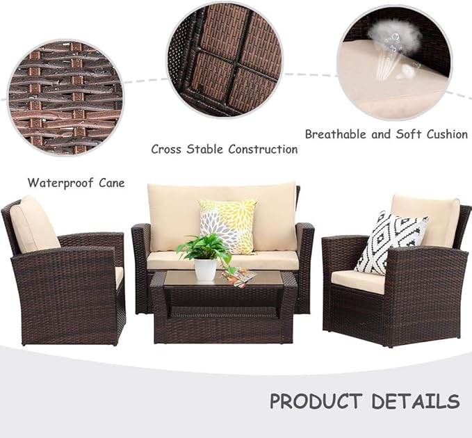 FDW Sectional Sofa Rattan Chair Wicker Conversation Set Outdoor Backyard Porch Poolside Balcony Garden Furniture with Coffee Table, Brown