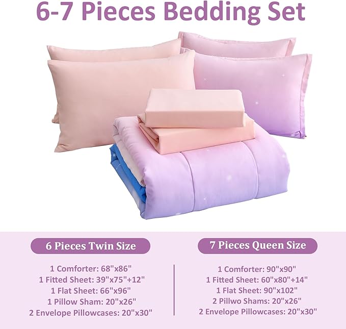 Dinjoy Girls Comforter Set Queen Size Colorful Rainbow Ombre Pink Blue Bedding Set Gradient 7 Pieces Bed in A Bag for Kids Teen Girl Women(1 Comforter, 1 Flat Sheet, 1 Fitted Sheet)