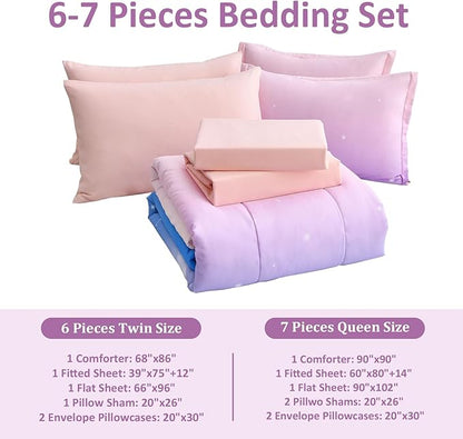 Dinjoy Girls Comforter Set Queen Size Colorful Rainbow Ombre Pink Blue Bedding Set Gradient 7 Pieces Bed in A Bag for Kids Teen Girl Women(1 Comforter, 1 Flat Sheet, 1 Fitted Sheet)
