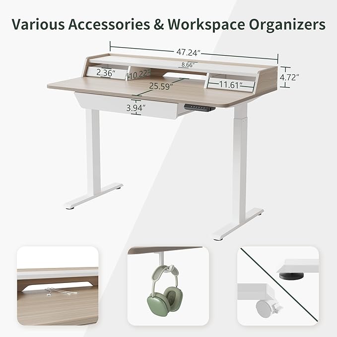 FEZIBO Standing Desk with Drawers, 48 x 25 Inch Adjustable Height Stand Up Desk with Storage Shelf, Home Office Desk with Monitor Stand, Light Walnut