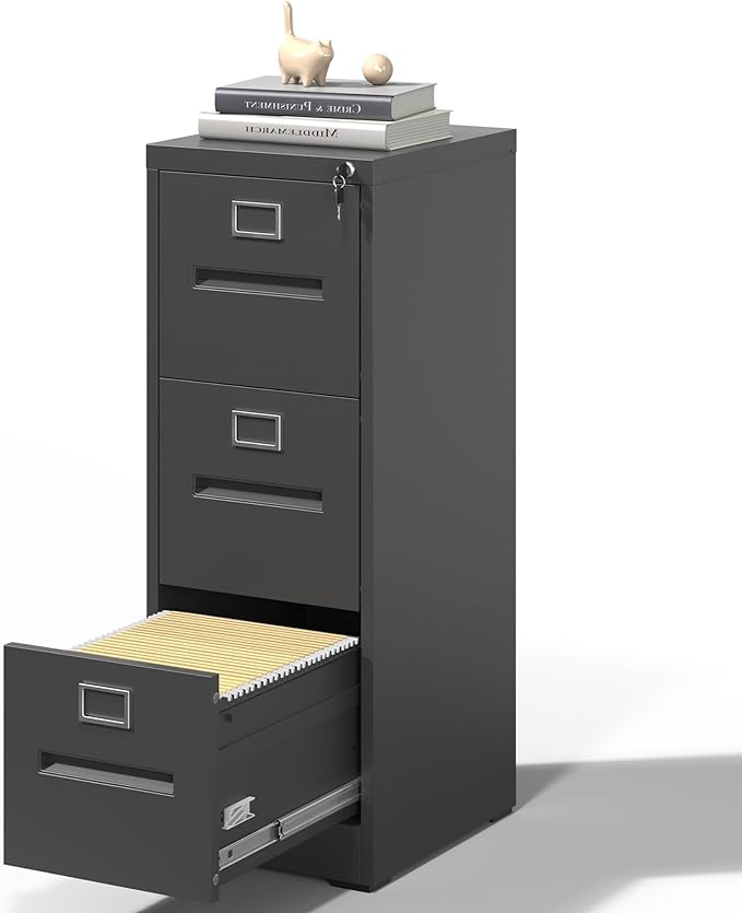 3 Drawer File Cabinet,Metal Filing Cabinets with Lock,Black Vertical File Cabinet for Home Office,Heavy Duty Metal Storage Cabinet for A4/Letter/Legal Size File,Assembly Required