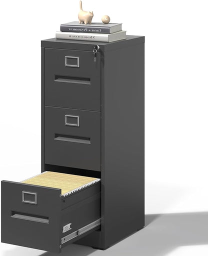 3 Drawer File Cabinet,Metal Filing Cabinets with Lock,Black Vertical File Cabinet for Home Office,Heavy Duty Metal Storage Cabinet for A4/Letter/Legal Size File,Assembly Required