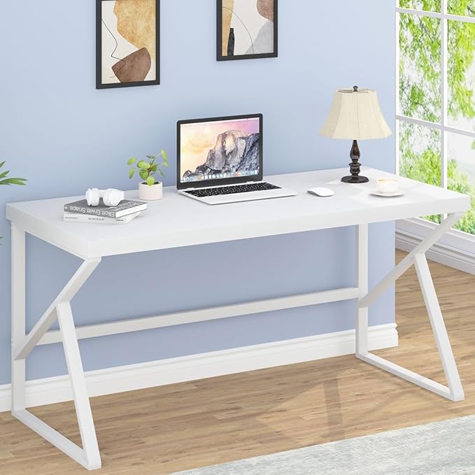 HSH White Computer Desk, Modern Wood Home Office Desk, PC Desk for Executive Work Writing Study Gaming Student Bedroom, Farmhouse Simple Wooden and Metal Computer Table Workstation, White Oak 55 Inch