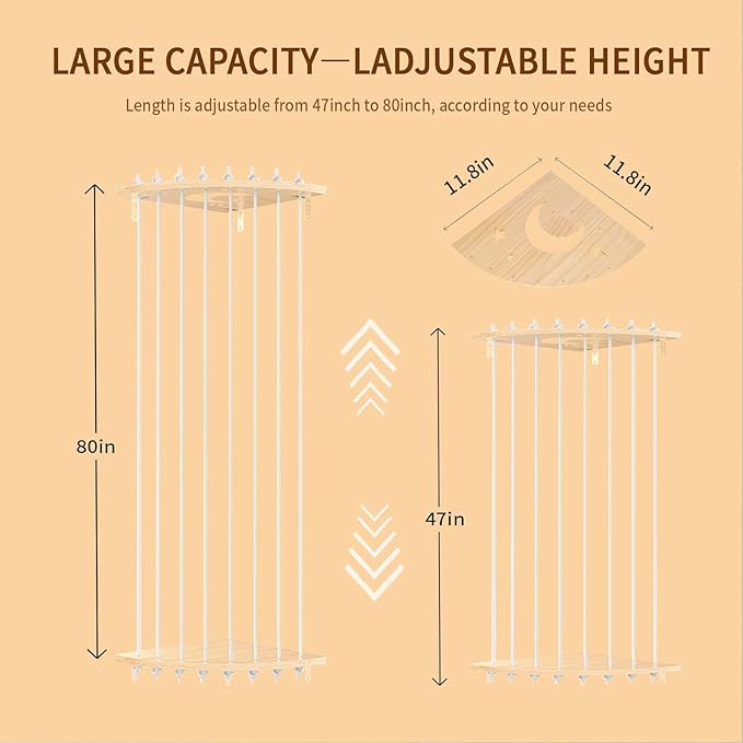 Corner Stuffed Animal Storage Wood Plush Toys Hanging Organizer Length Adjustable Stuffed Animal Holder with Moon Star Pattern Kids Toy Shelf Large Toy Storage for Nursery Playroom Bedroom Furniture