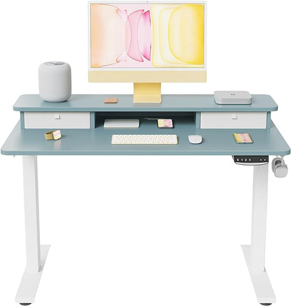 FEZIBO 48 x 24 Inch Height Adjustable Electric Standing Desk with Double Drawer, Stand Up Desk with Storage Shelf, Sit Stand Desk, Blue
