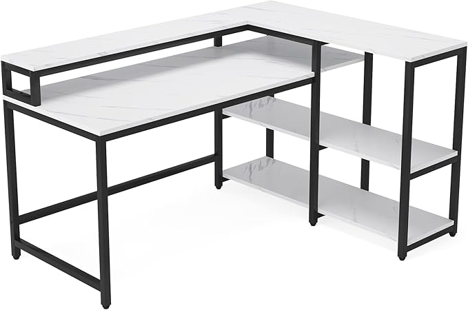 Reversible L Shaped Computer Desk with Storage Shelf, Industrial Corner Desk with Monitor Stand for Home Office