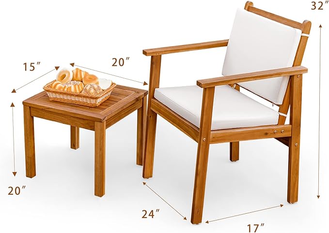 Greesum 3 Piece Bistro Patio Furniture Outdoor Chat Chair Set with Water Resistant Cushions and Coffee Table for Beach Backyard Garden, White
