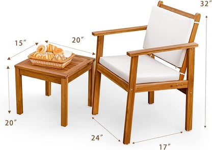 Greesum 3 Piece Bistro Patio Furniture Outdoor Chat Chair Set with Water Resistant Cushions and Coffee Table for Beach Backyard Garden, White