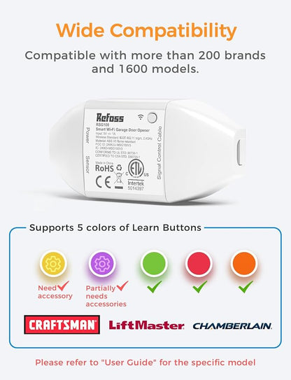 Smart Wi-Fi Garage Door Opener, Compatible with Apple HomeKit, Siri, Alexa & Google Assistant, Carplay, App Remote Control, Only Support 2.4GHz Networks